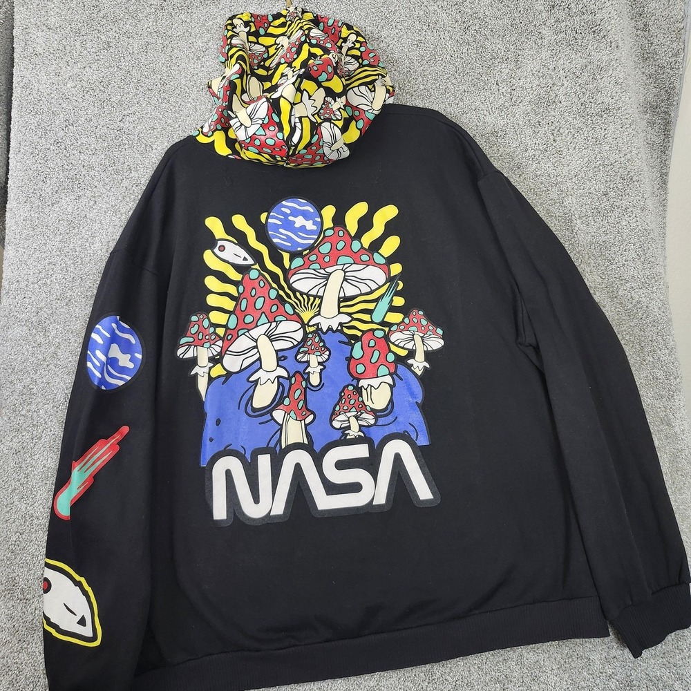 NASA Hoodie Mens XL Black Psychedelic Mushroom Graphic Space Fleece Pullover